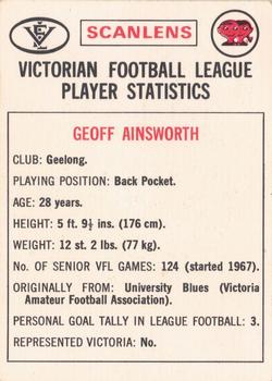 1974 Scanlens VFL #76 Geoff Ainsworth Back